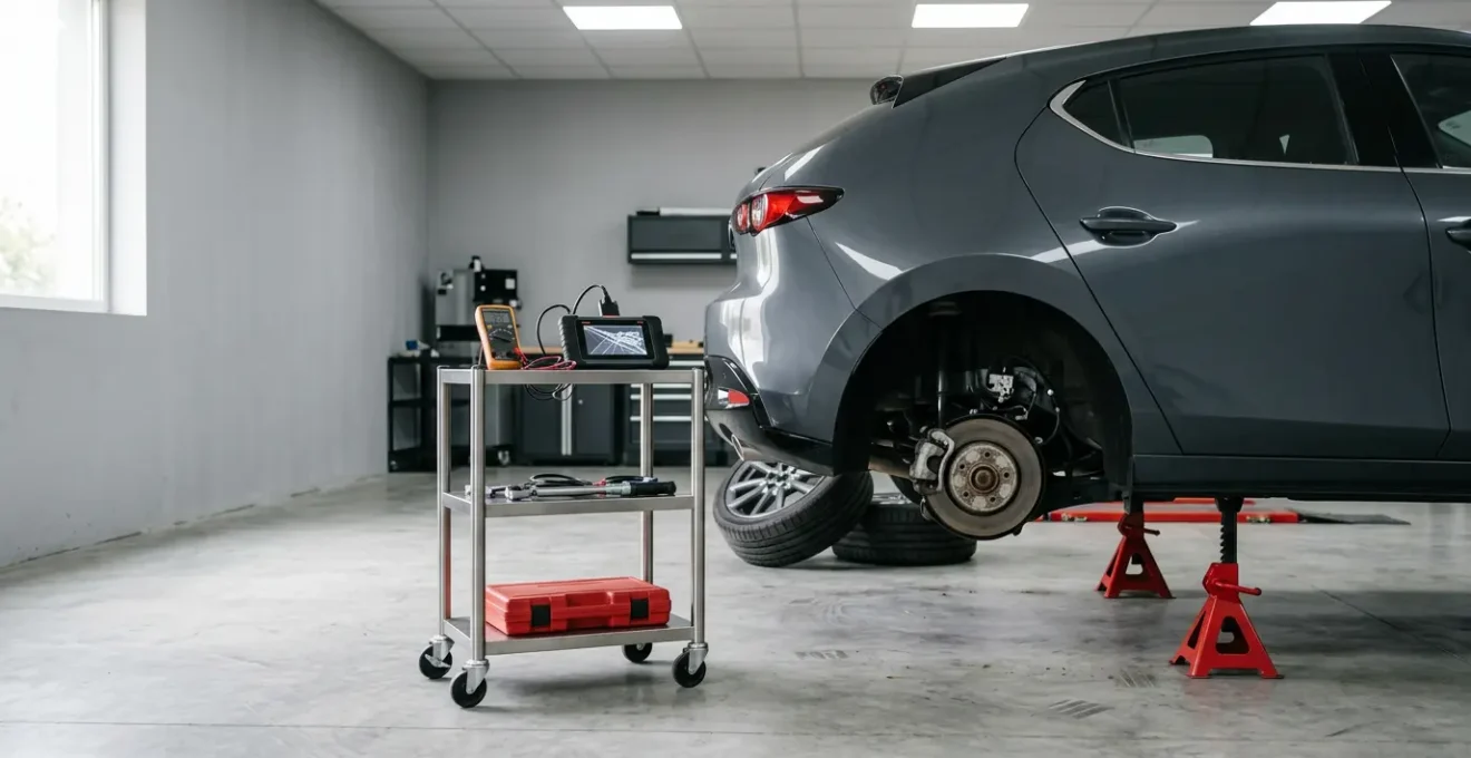 Automotive technician diagnosing wheel speed sensor on modern vehicle brake assembly