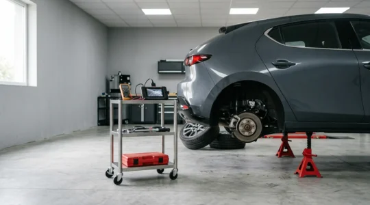 Automotive technician diagnosing wheel speed sensor on modern vehicle brake assembly