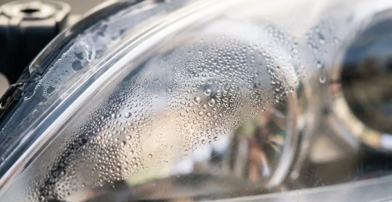 Macro close-up photograph revealing moisture condensation inside an automotive headlight assembly due to seal failure.