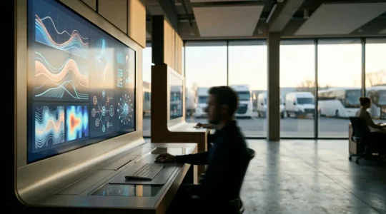 AI-powered fleet safety monitoring system displaying real-time vehicle analytics and driver risk assessment on digital dashboard