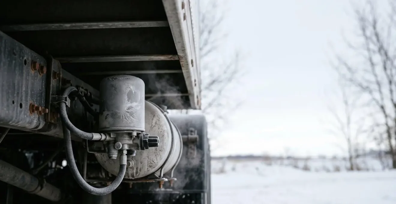 Detailed view of air suspension dryer component with visible moisture condensation in cold weather conditions