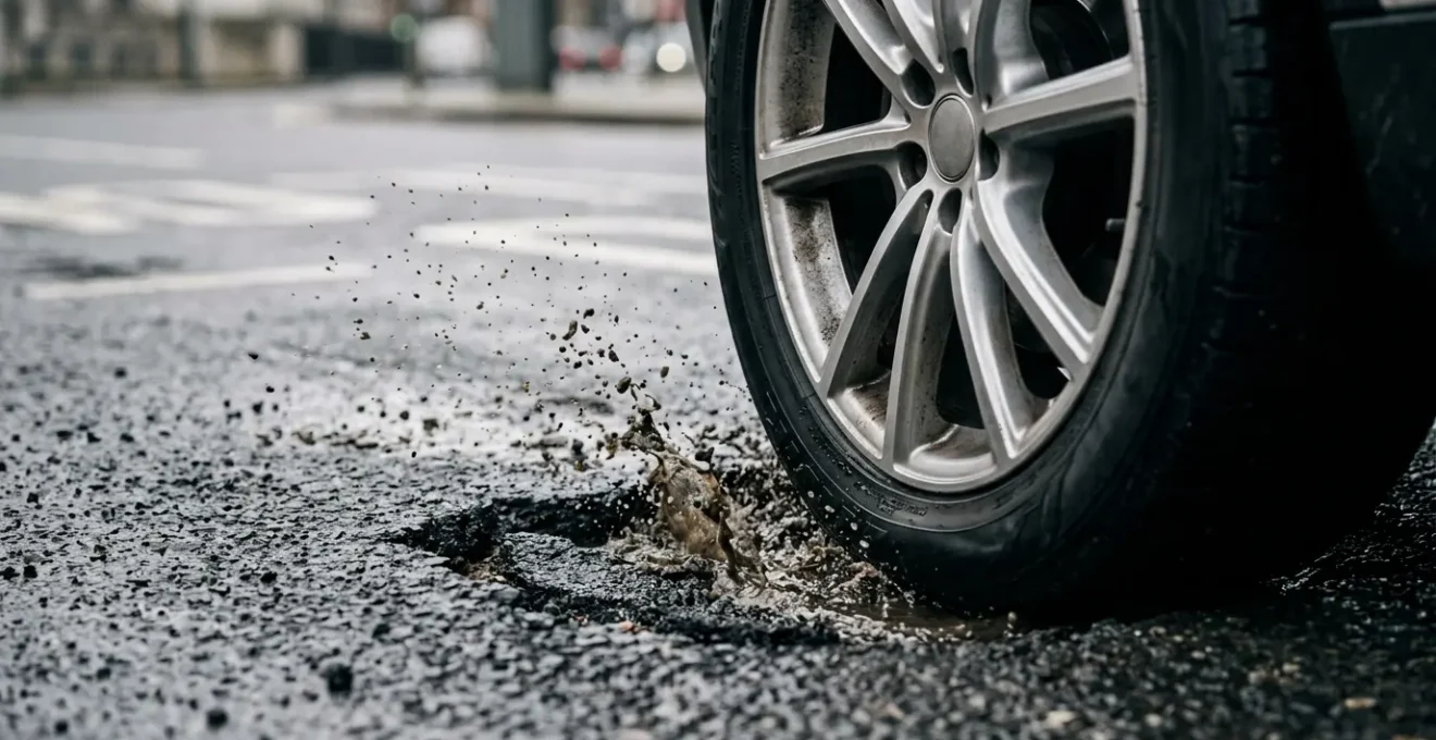 Professional technical cross-section of a flow-formed alloy wheel impacting pothole edge showing sidewall compression and rim protection