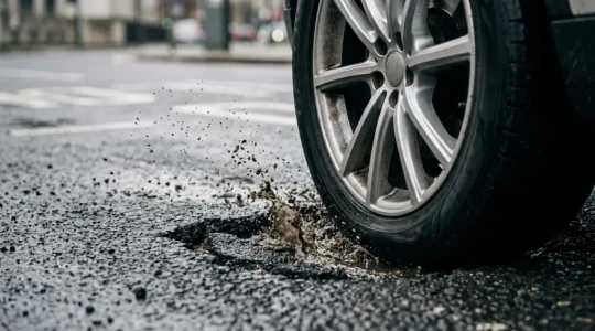 Professional technical cross-section of a flow-formed alloy wheel impacting pothole edge showing sidewall compression and rim protection