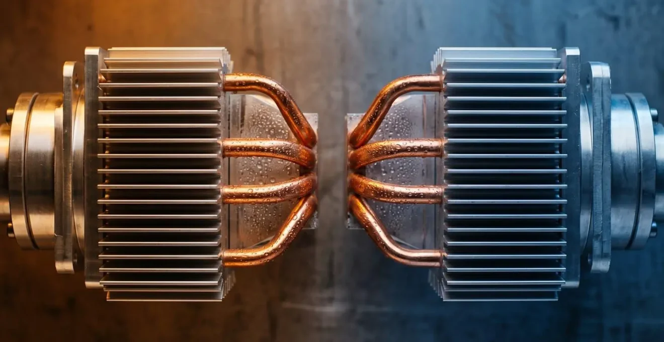 Automotive cooling system components with heat dissipation elements in clean industrial setting