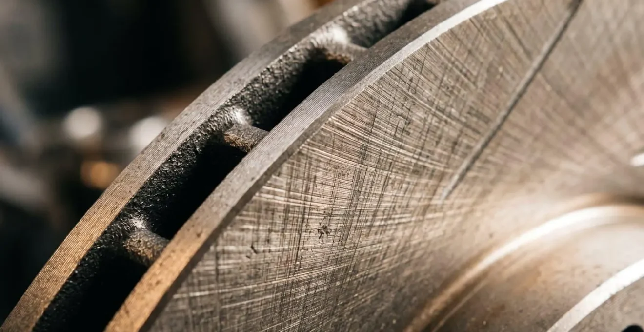 Extreme close-up macro photograph of automotive brake component showing material texture and manufacturing quality details