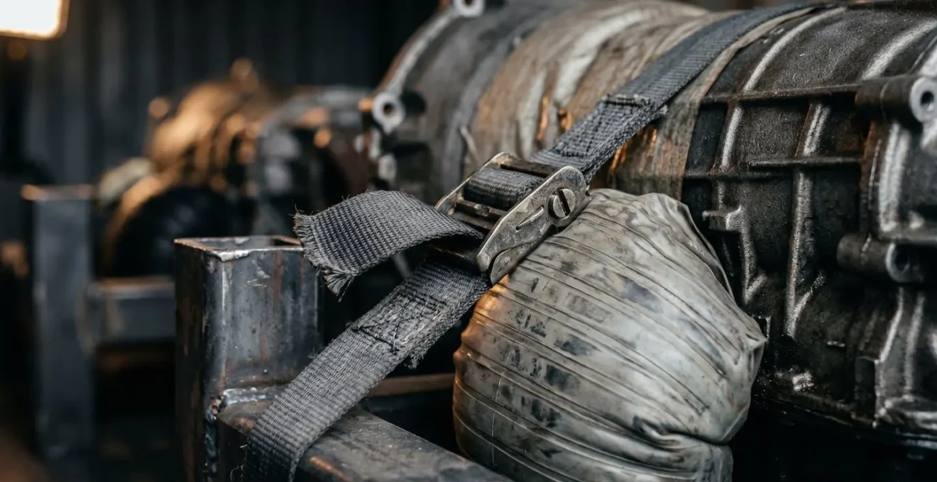 High-value automotive transmission components secured with specialized dunnage and blocking systems inside an intermodal container