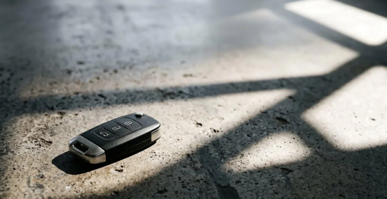 Minimalist wide-angle scene showing automotive privacy control concept through environmental elements and negative space