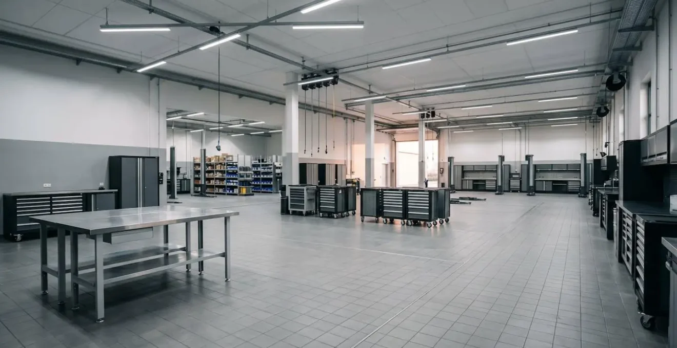 Wide view of professional automotive repair shop showing organized tool storage and clean work environment with designated zones