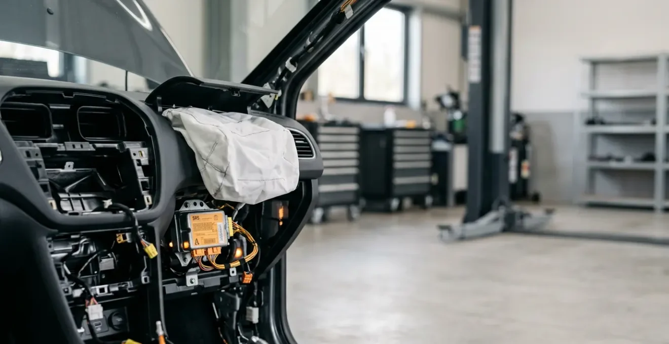Professional automotive safety inspection scene showing deployed airbag system components and diagnostic equipment