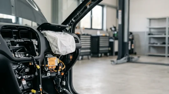 Professional automotive safety inspection scene showing deployed airbag system components and diagnostic equipment