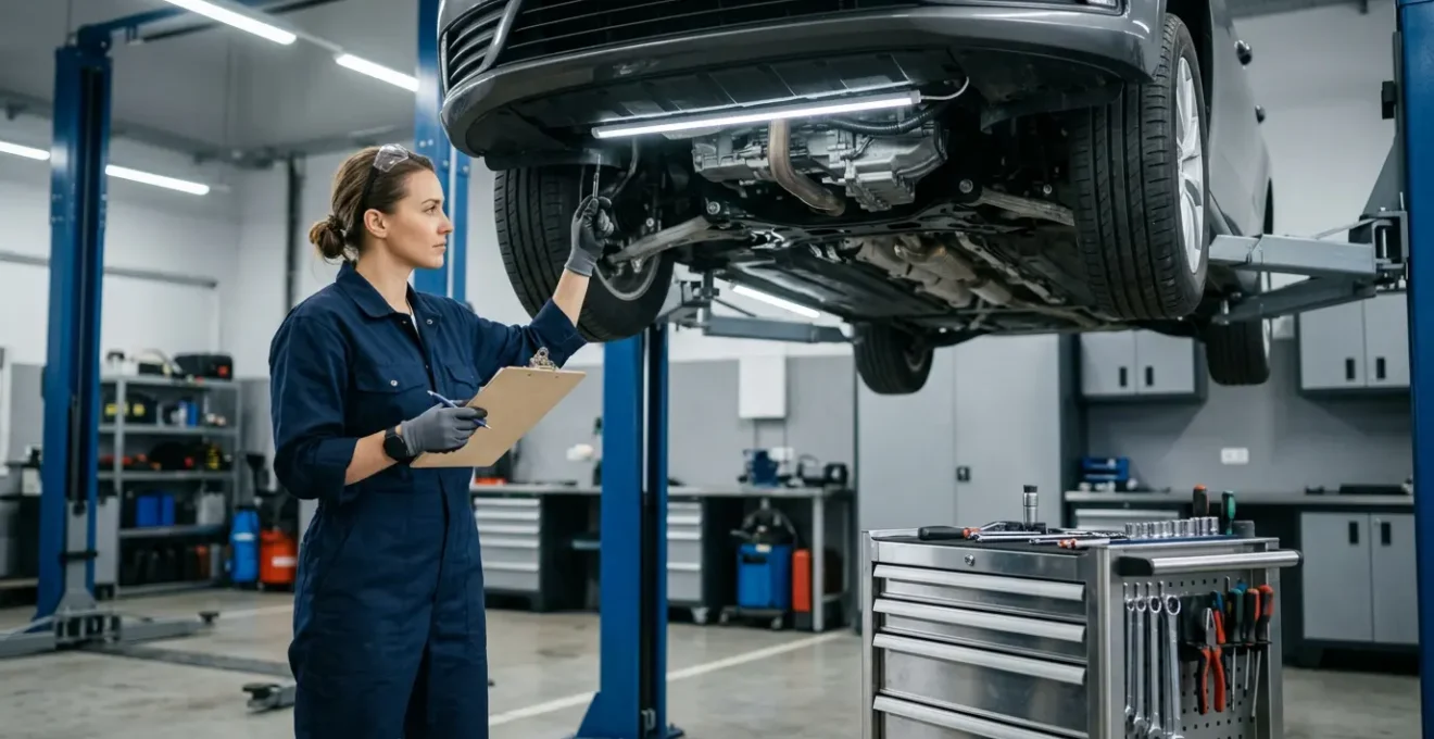 Professional mechanic performing pre-inspection vehicle check in modern garage