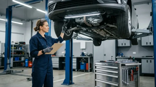 Professional mechanic performing pre-inspection vehicle check in modern garage