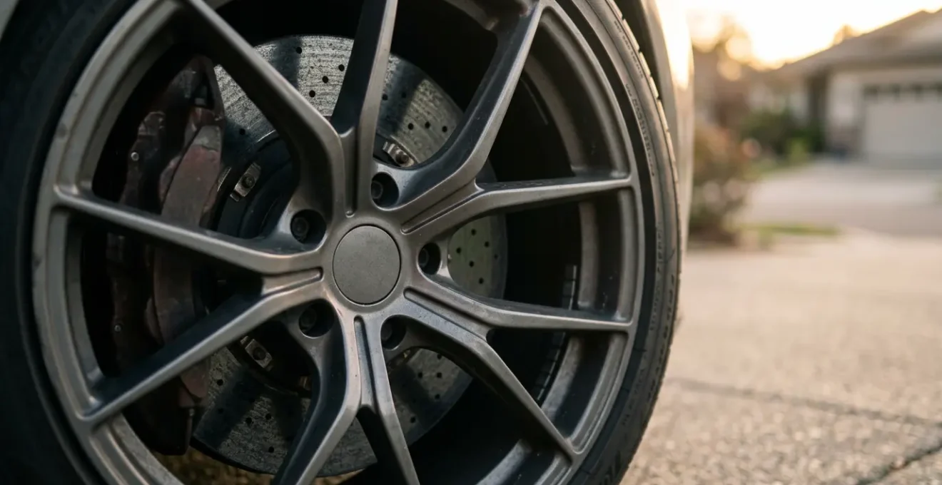 Close-up view of carbon-ceramic brake rotor and caliper assembly on a high-performance sports car