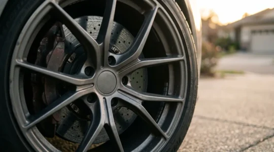 Close-up view of carbon-ceramic brake rotor and caliper assembly on a high-performance sports car