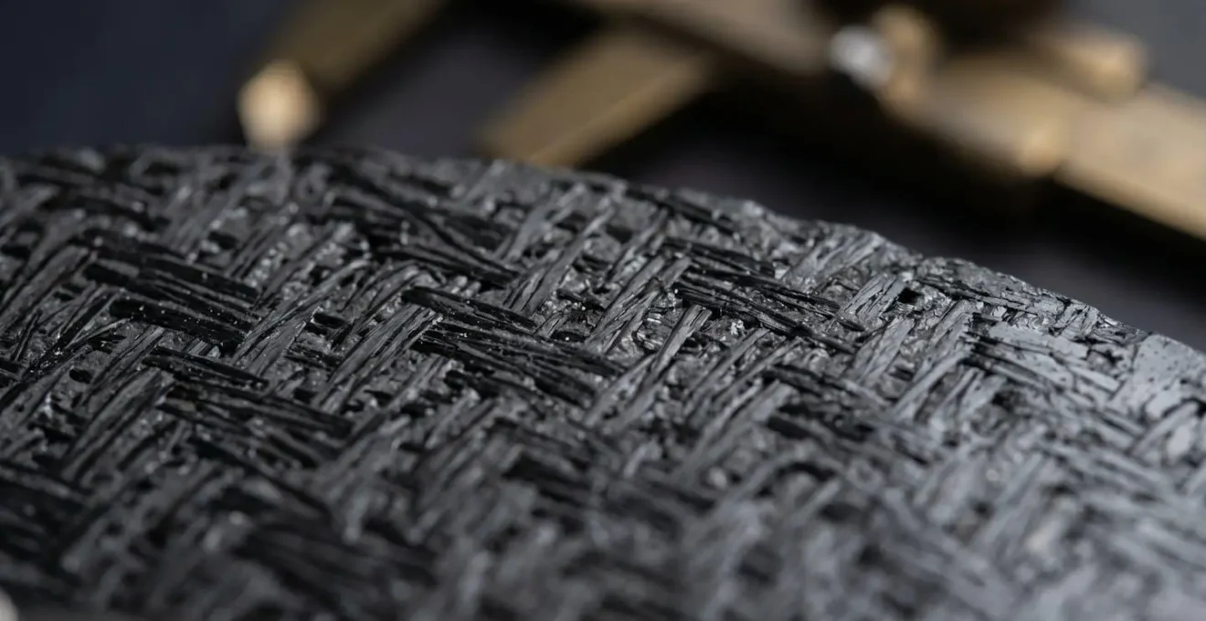Macro photograph showing the textured surface of a carbon-ceramic brake rotor highlighting material interaction zone