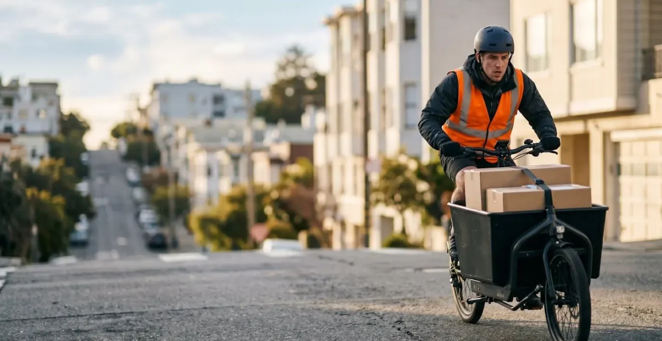Cargo bike delivery rider ascending steep city hill using electric pedal assist on early morning route