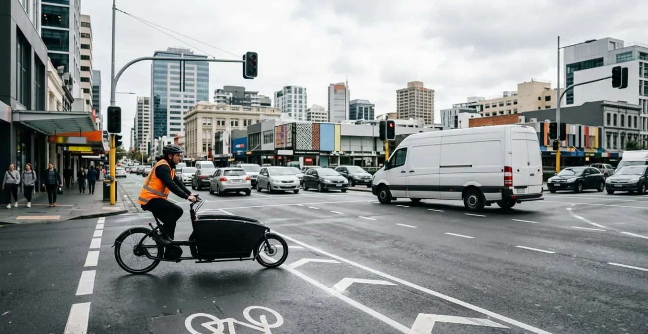 Electric cargo bike and delivery van navigating busy downtown street intersection