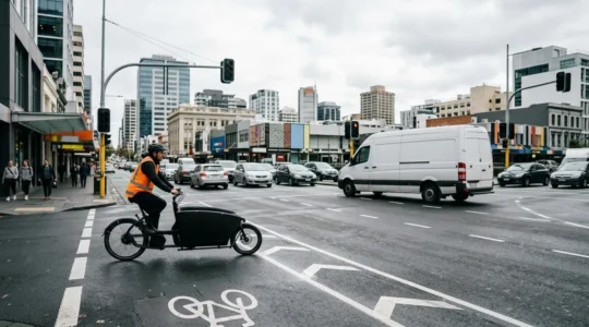 Electric cargo bike and delivery van navigating busy downtown street intersection