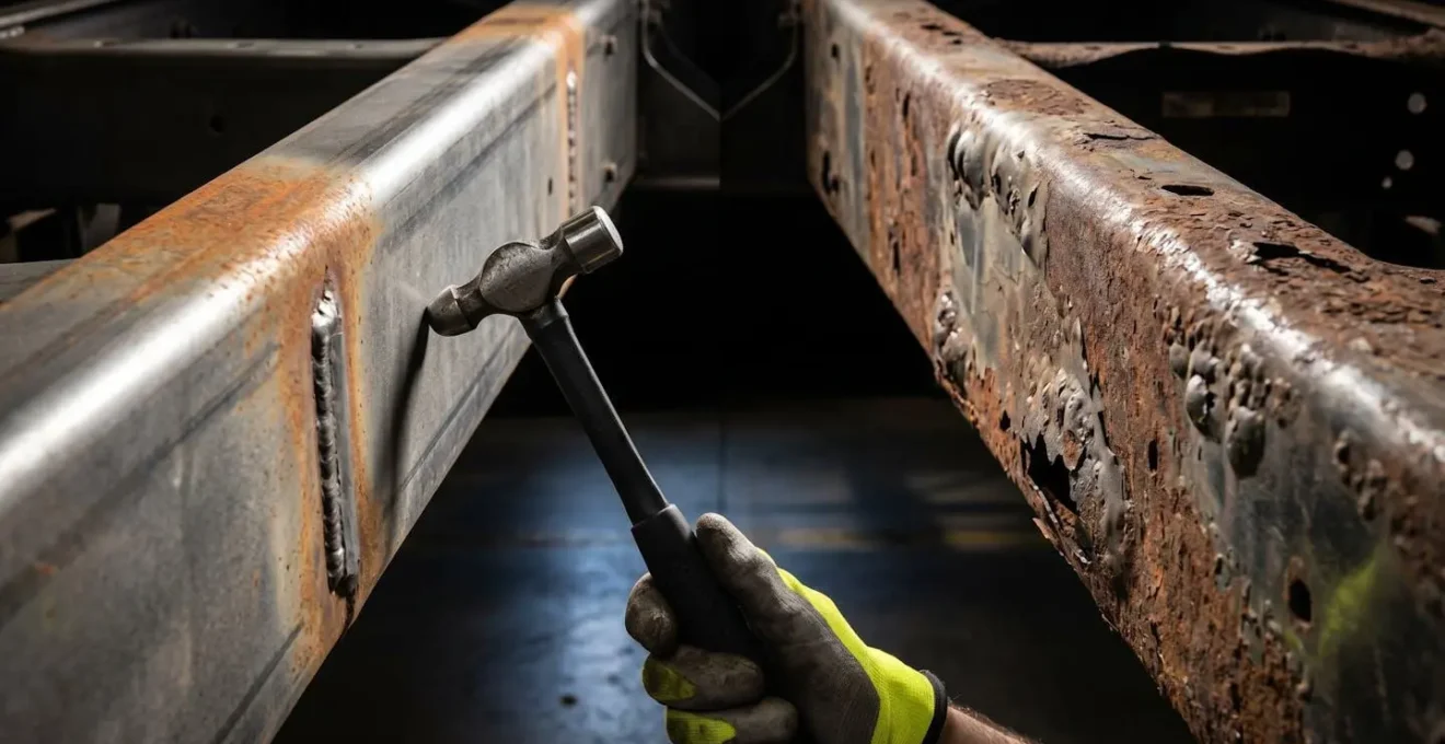 Detailed view of commercial truck frame undercarriage showing contrast between acceptable surface rust and structural deterioration during inspection