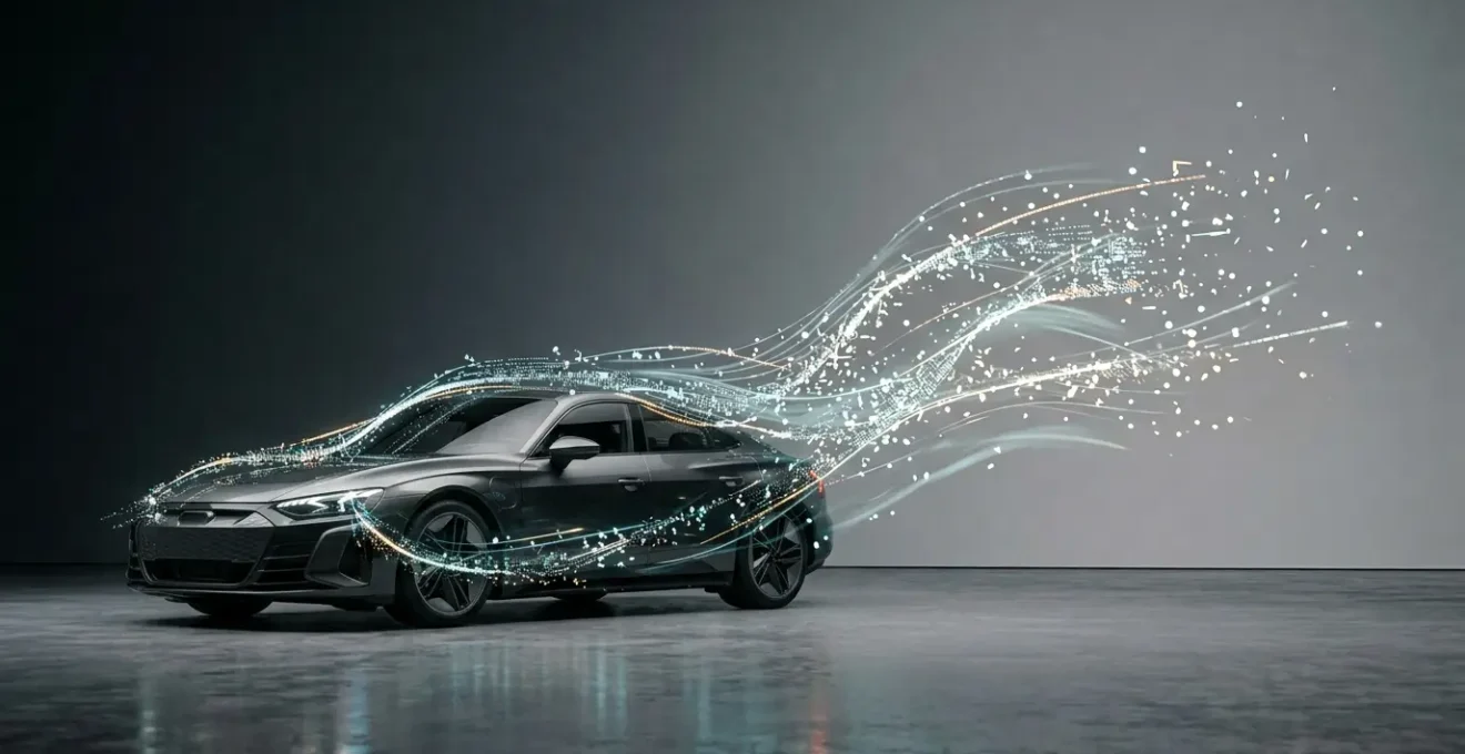 Abstract representation of connected vehicle data ownership showing digital information flow from modern car through network infrastructure