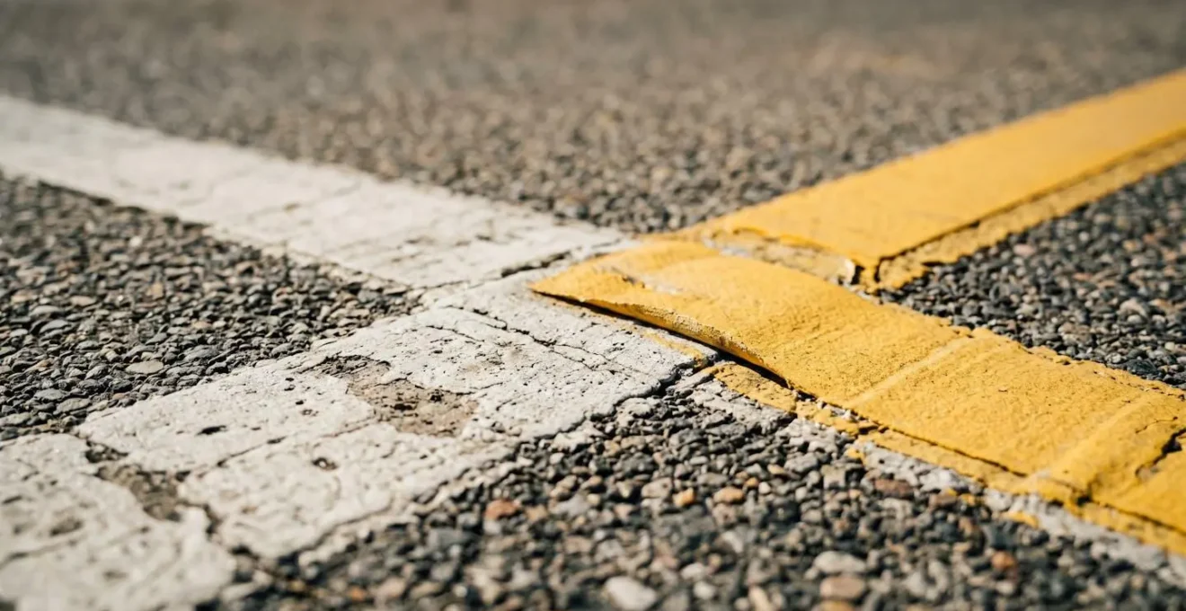 Close-up view of highway pavement showing overlapping temporary and permanent lane markings in a construction zone
