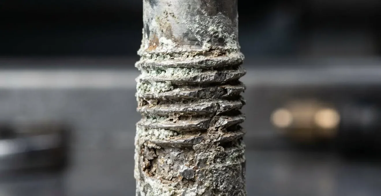Macro photograph showing galvanic corrosion damage on aluminum TPMS valve stem with visible oxidation and material deterioration