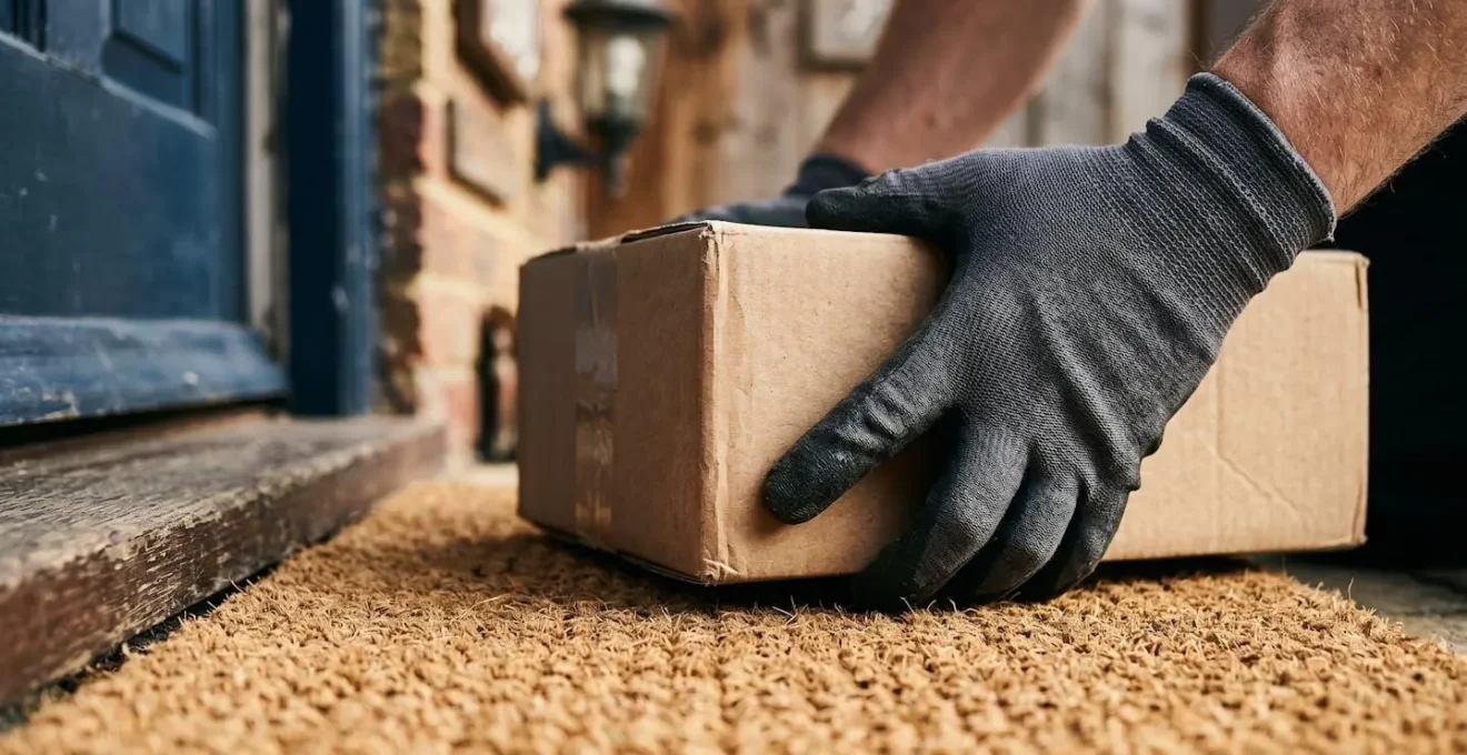 Close-up of delivery driver documenting package placement at customer doorstep