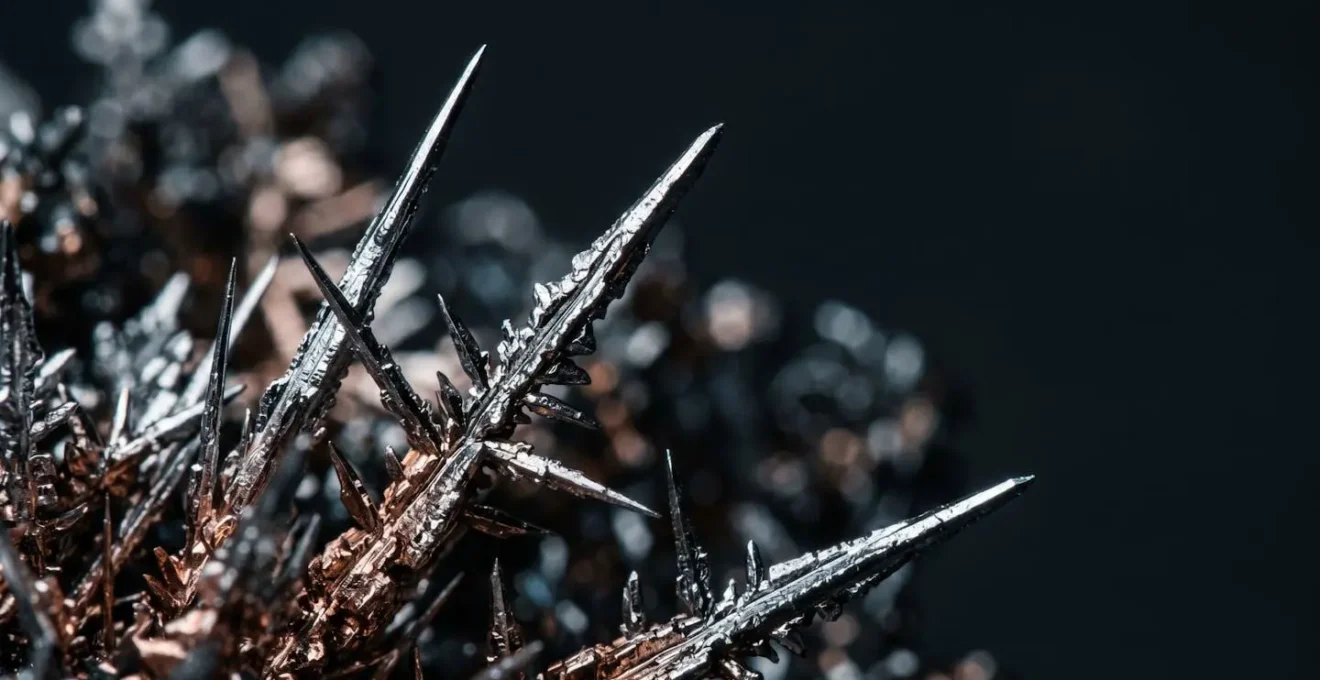 Extreme macro photograph showing metallic needle-like crystal structures representing dendrite growth in battery cells