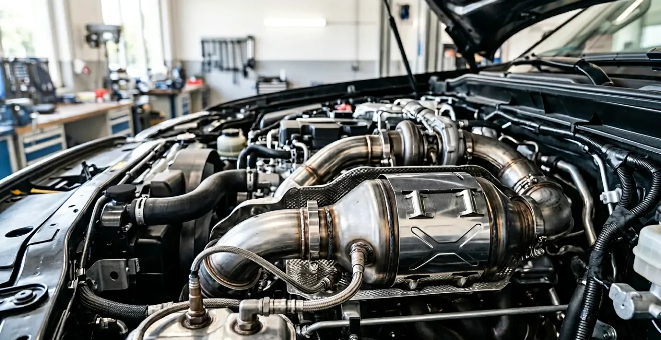 Modern diesel engine emissions reduction technology showing SCR and DPF systems