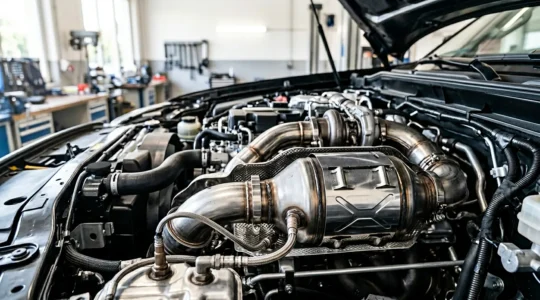 Modern diesel engine emissions reduction technology showing SCR and DPF systems