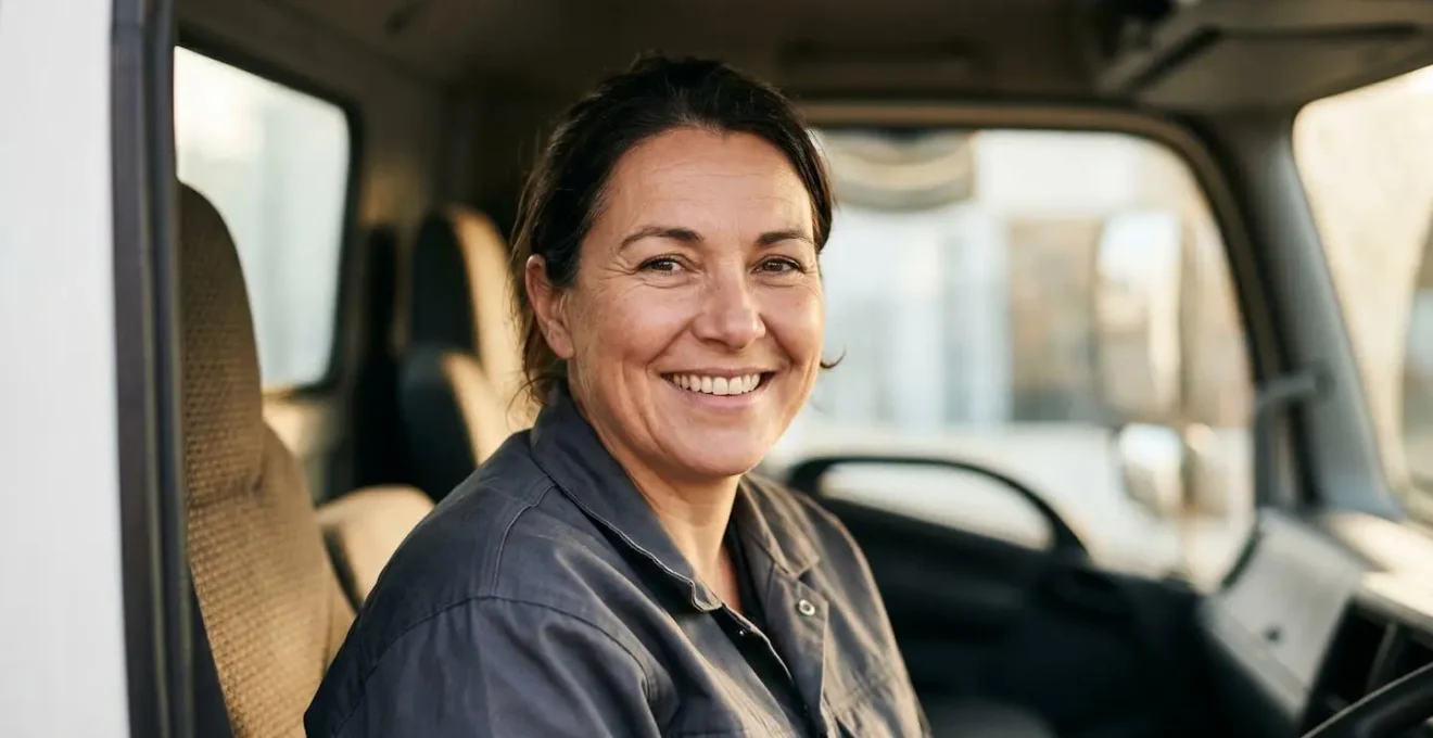 Close-up portrait of professional fleet driver displaying genuine pride and accomplishment expression in natural cabin environment