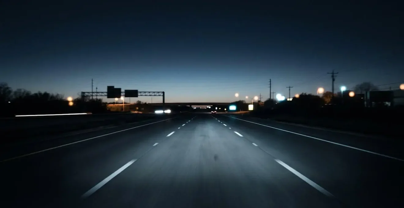 Wide-angle environmental view of empty highway at pre-dawn hours with subtle gradient lighting transition