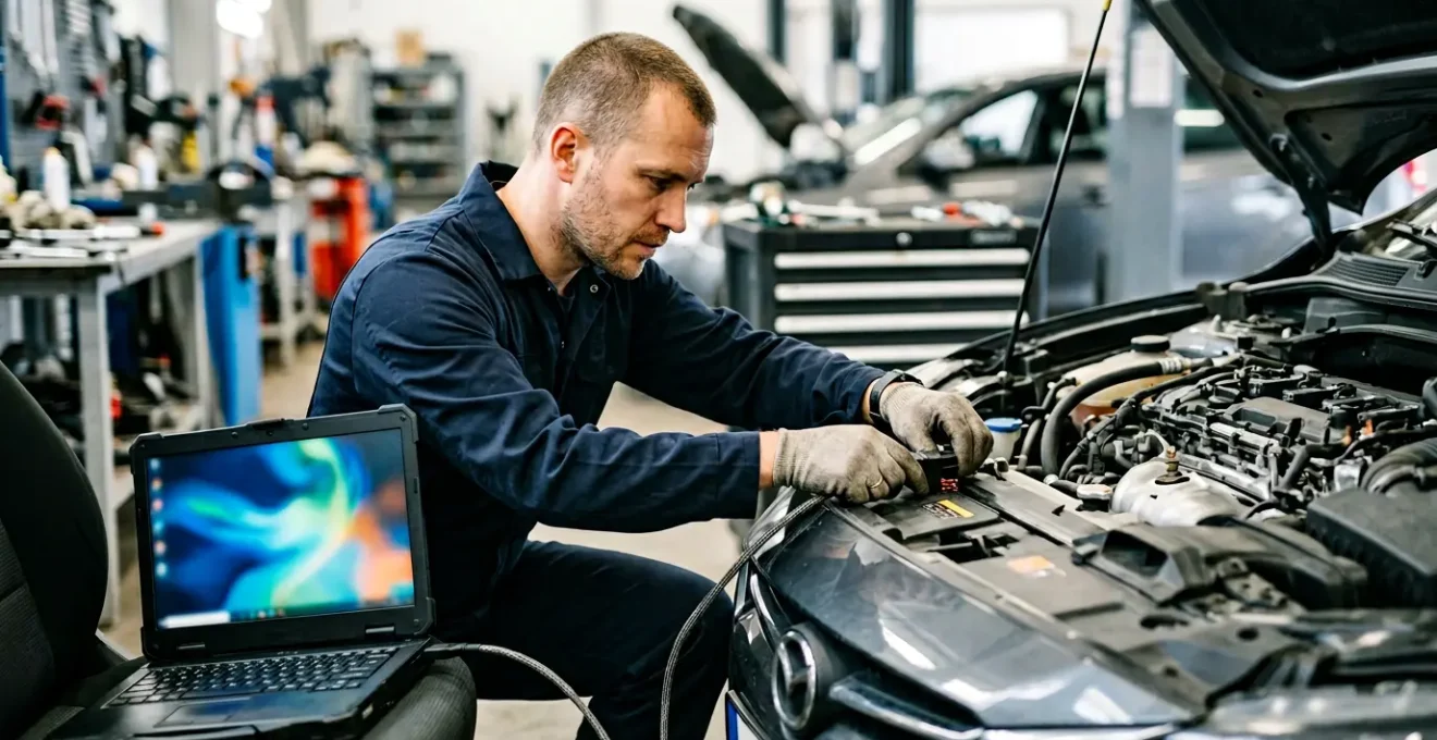 Professional automotive technician connecting diagnostic laptop to vehicle OBD port for safe ECU remapping procedure