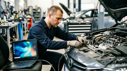 Professional automotive technician connecting diagnostic laptop to vehicle OBD port for safe ECU remapping procedure
