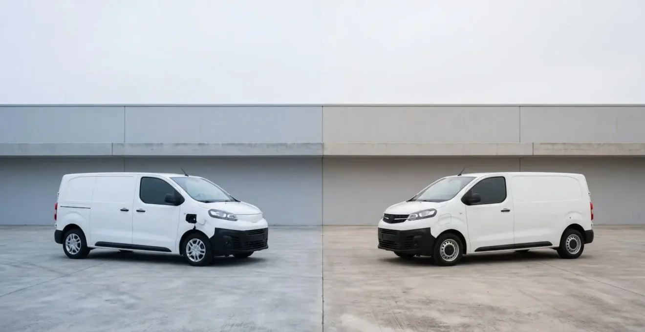 Side-by-side environmental comparison of electric and traditional fuel fleet vehicles in minimalist setting