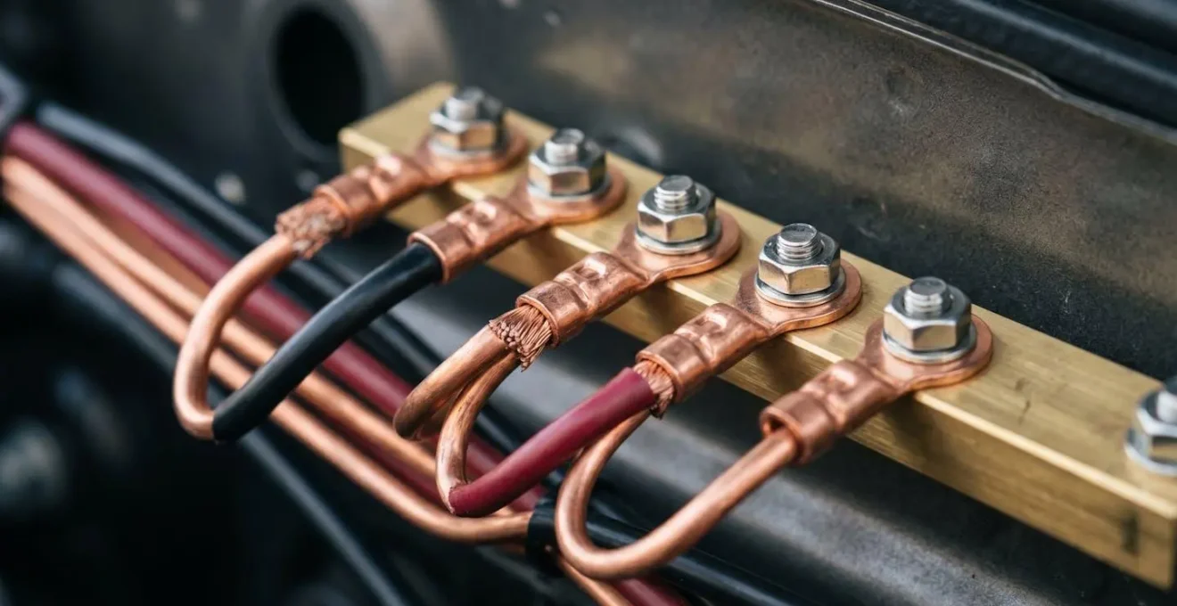 Close-up detail of professional automotive electrical grounding system with dedicated bus bar and fresh copper connections