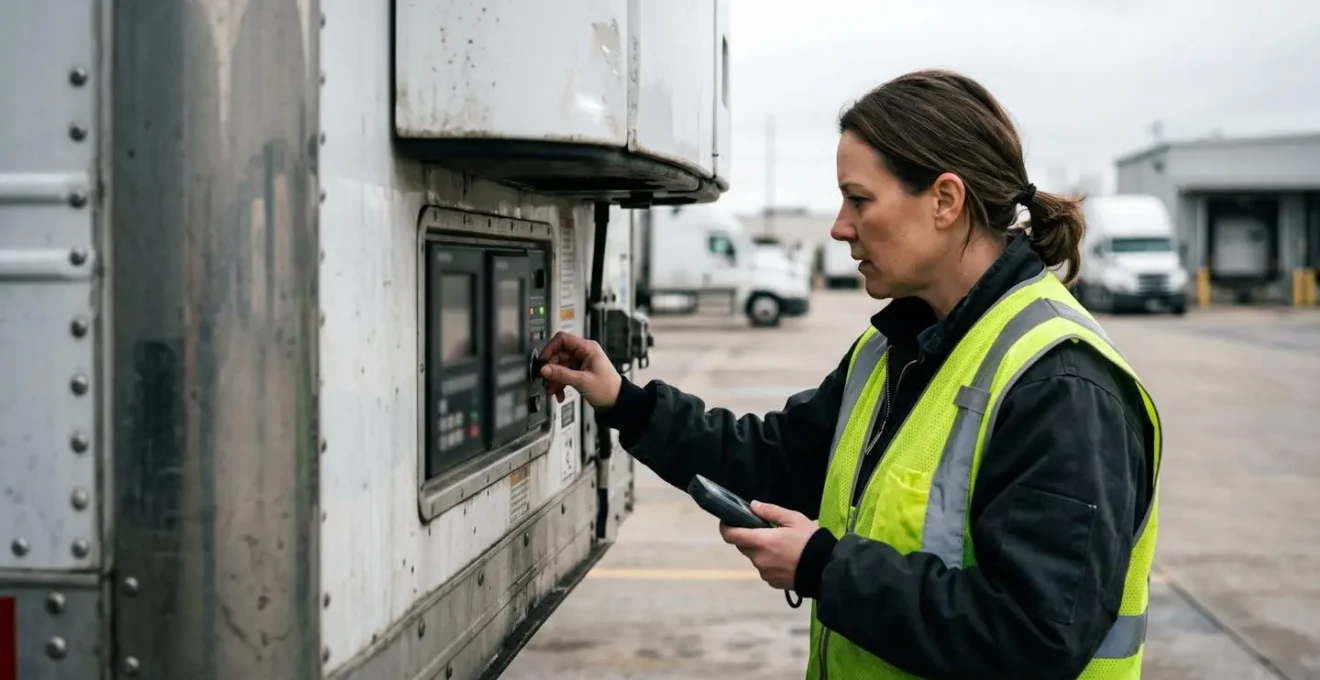 Driver conducting emergency inspection of refrigerated trailer unit showing professional crisis management in cold chain transport