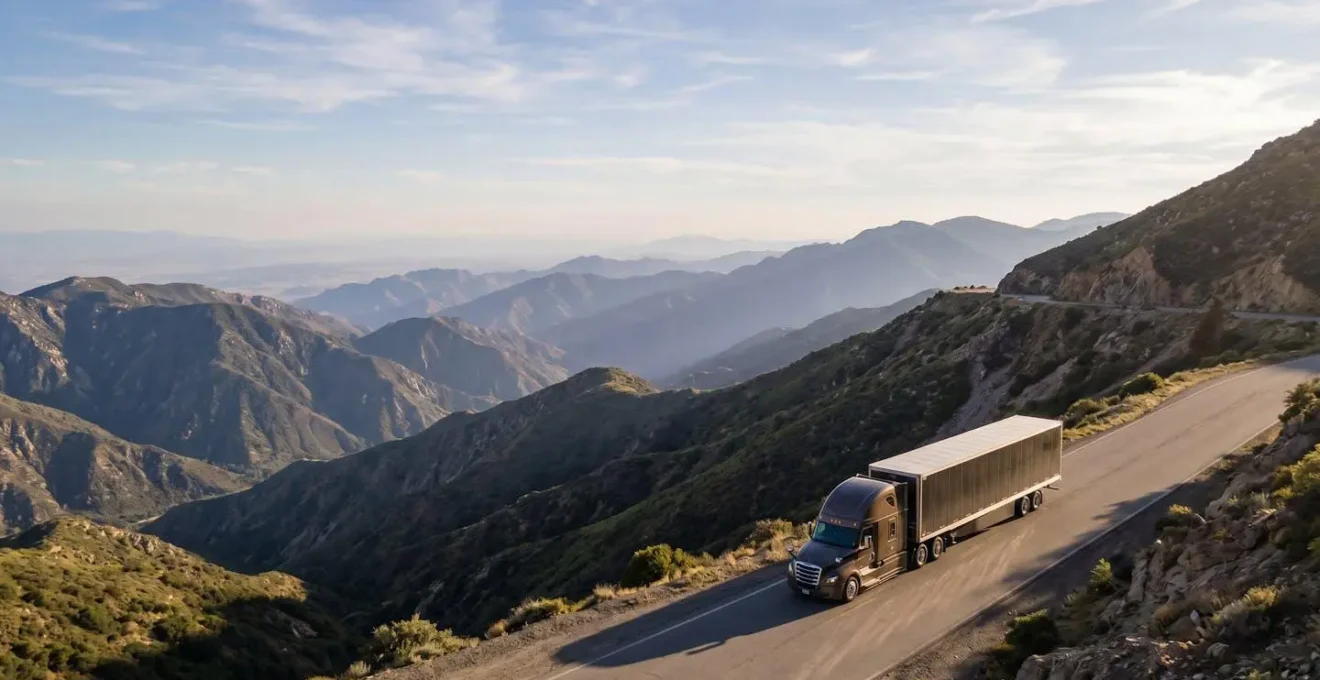 Truck descending mountain grade using engine braking with dramatic landscape background