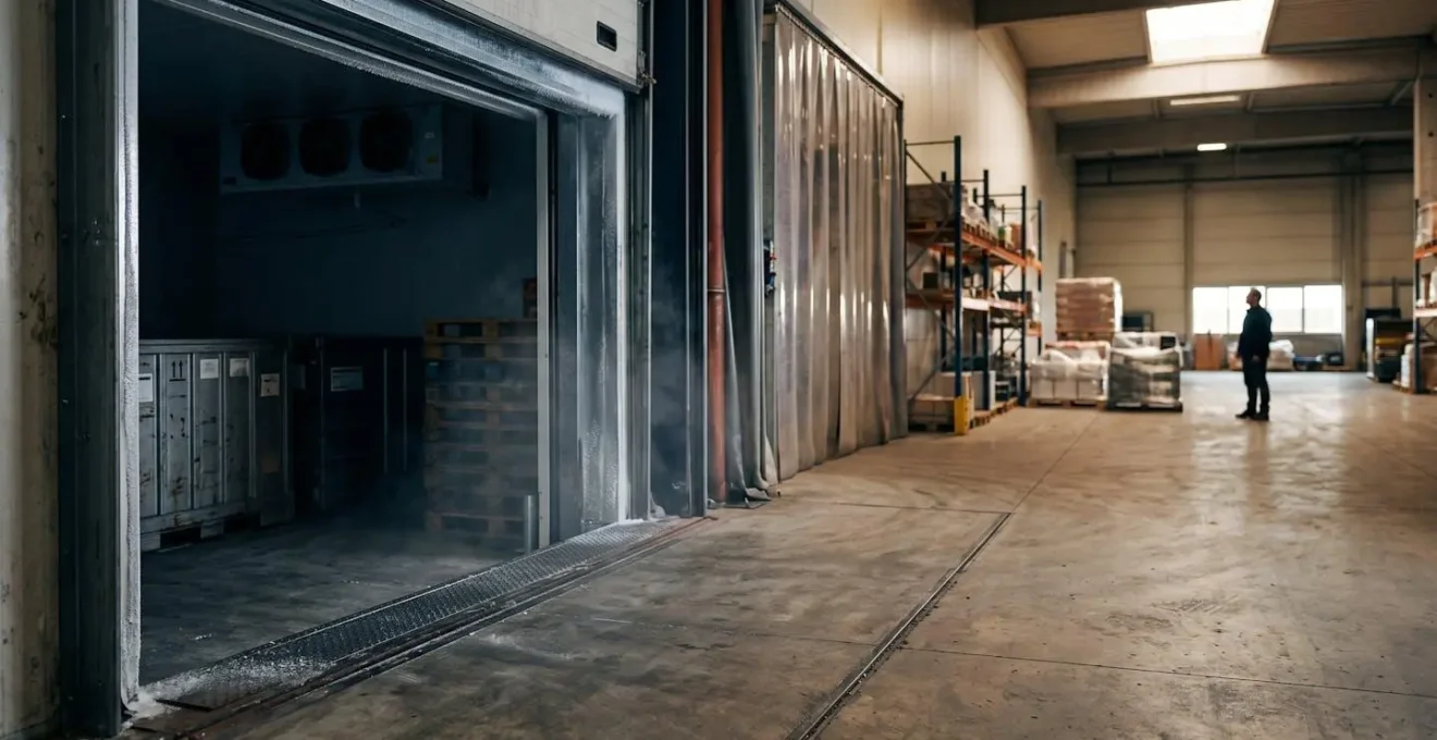 Wide environmental shot showing temperature transition zone creating condensation risk for shipping containers