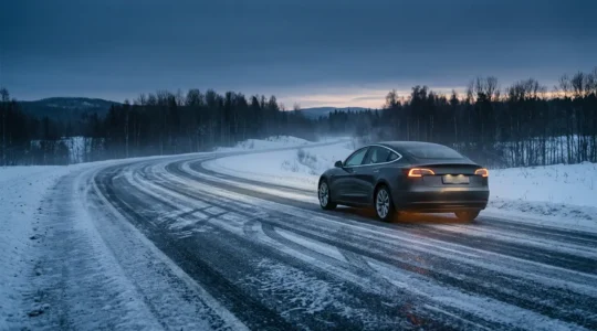 Vehicle stability control system intervening during black ice emergency maneuver on winter highway