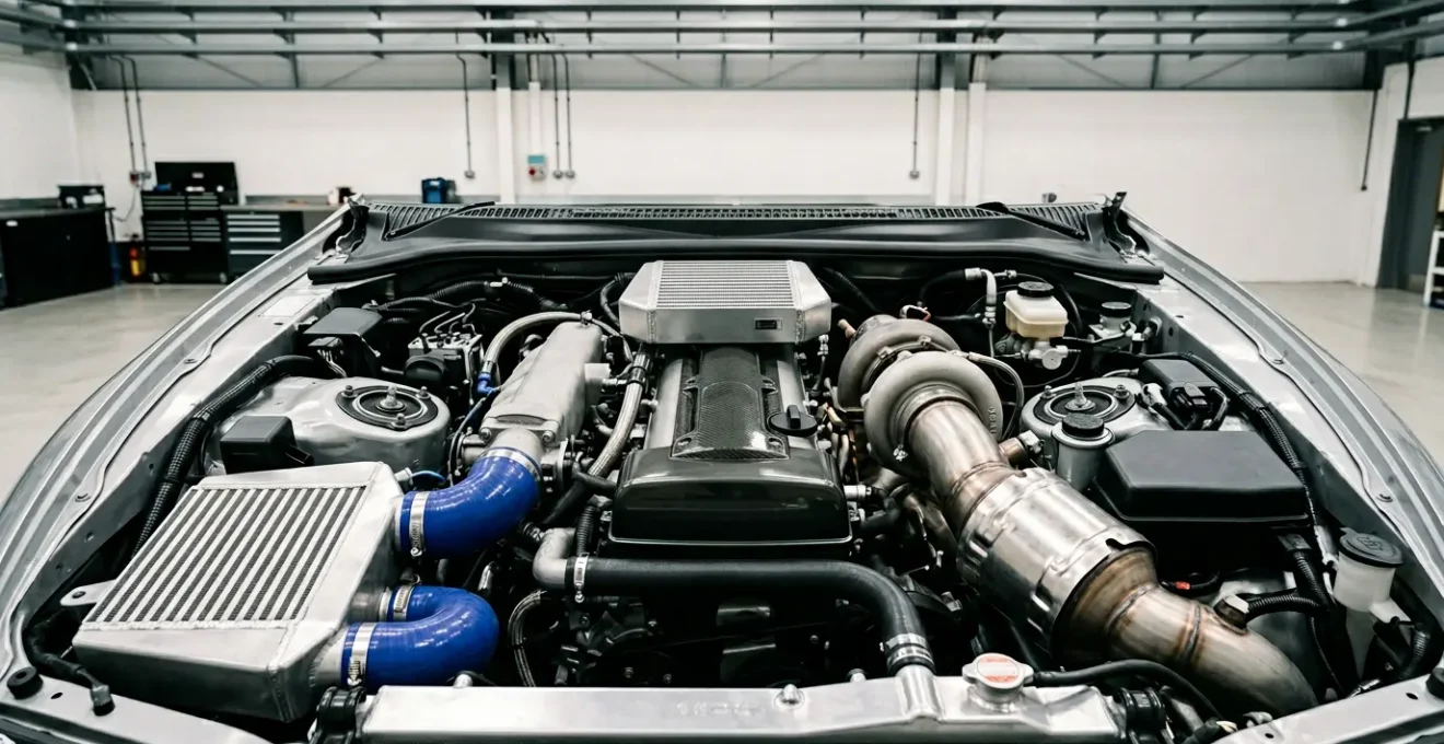 Modern turbocharged engine bay showcasing emission control systems and performance components