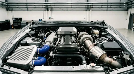 Modern turbocharged engine bay showcasing emission control systems and performance components