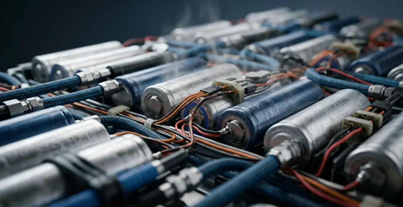 Close-up view of electric vehicle battery pack thermal management system during fast charging session
