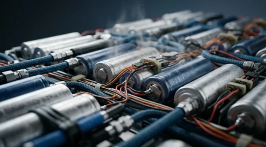 Close-up view of electric vehicle battery pack thermal management system during fast charging session