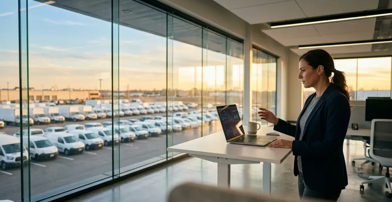 Professional fleet manager analyzing driver performance data to optimize insurance premiums