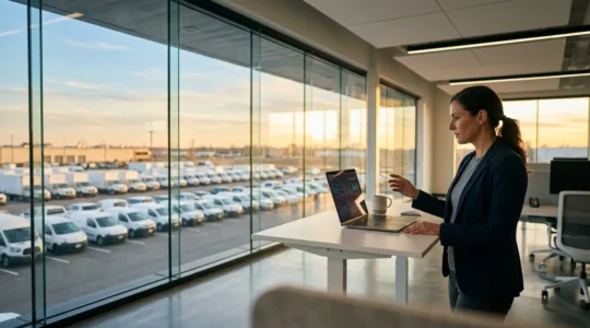 Professional fleet manager analyzing driver performance data to optimize insurance premiums