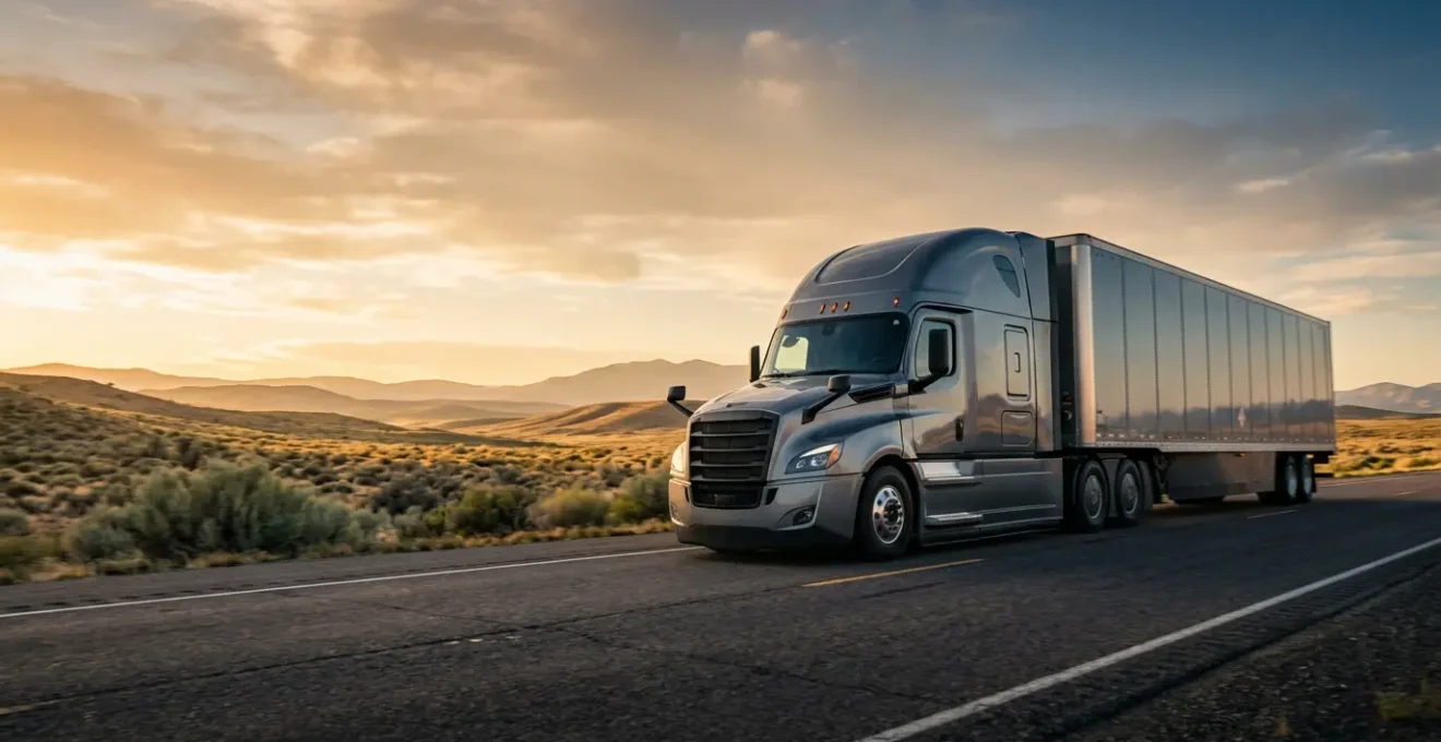 Modern semi-truck driving on highway with aerodynamic features emphasizing fuel efficiency