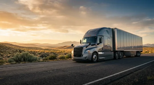 Modern semi-truck driving on highway with aerodynamic features emphasizing fuel efficiency