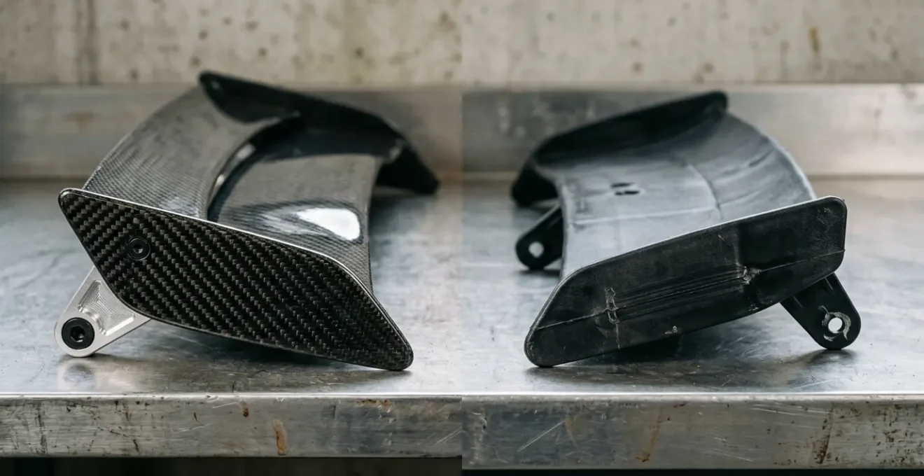 Close comparison of aerodynamic components showing functional downforce-generating wing versus decorative cosmetic spoiler on performance vehicle