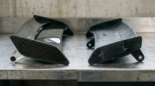 Close comparison of aerodynamic components showing functional downforce-generating wing versus decorative cosmetic spoiler on performance vehicle